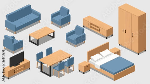 modern minimalist living room and bedroom furniture set with blue upholstery and light wood
