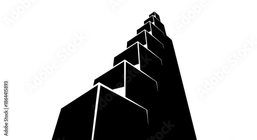 Abstract Geometric Staircase Ascending in Black and White Perspective on Isolated White