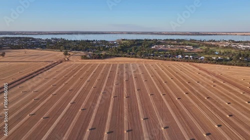 Drone view over hayfields near Yarrawonga and Silverwoods Estate