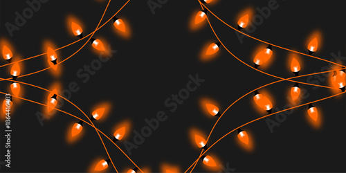 Single Wavy Orange String Lights Garland on Dark Background, Atmospheric Event Decor Vector
