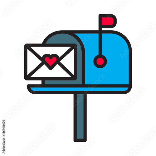 Valentine mailbox with love letter icon: editable stroke line style with color fill. Romantic postbox and heart envelope symbol for love message,