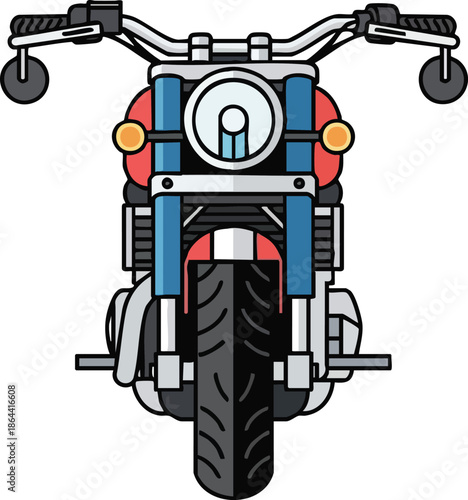 Eye-Level View of a Classic Motorcycle Illustration, Featuring a Detailed Front Perspective