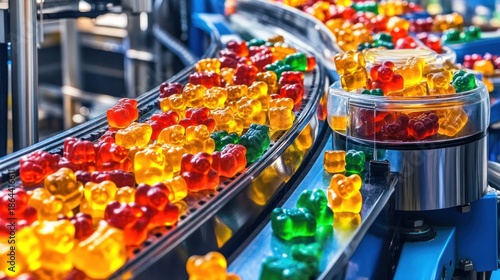 Colorful gummy bears on a factory production line (1)