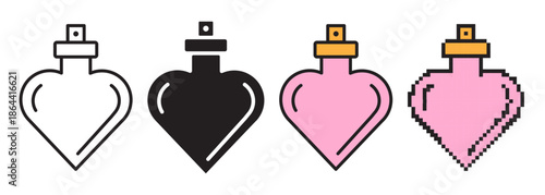 Valentine heart perfume bottle icon set: linear editable stroke with color fill, solid glyph, and pixel art. Romantic fragrance, love scent, beauty, gift, cosmetic, and wedding branding design.