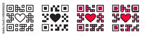 QR code heart icon set. Includes line art with editable stroke, flat solid, color fill, and pixel art versions. Modern Valentine's Day vector symbols for digital love and romantic scan tech.
