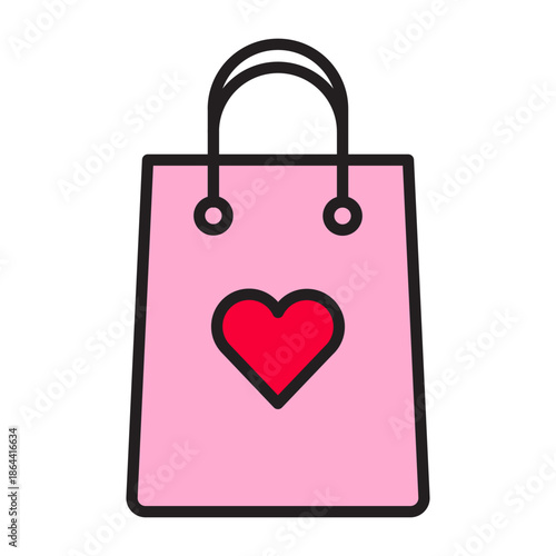 Pink shopping bag with red heart, outline icon with editable stroke and color fill. Valentine’s Day love gift, romantic shopping, cute minimal line art style illustration.