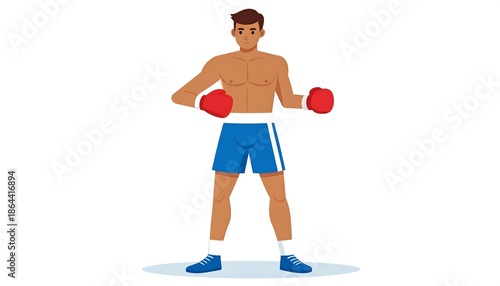 Cartoon of a tan-skinned boxer in blue shorts and red gloves, ready to fight, on a white background