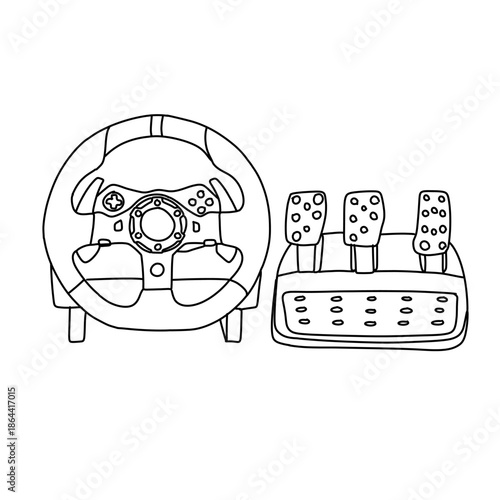 Line art illustration of a gaming steering wheel and pedals.
