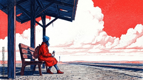 Sketch style illustration of a lonely traveler in a red coat sitting on a bench at a desolate train station platform under a dramatic red sky, artistic textured background