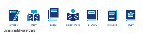 Learning & Reading Journey Icons set vector illustration blue with Notebook, Story, Books, Reading time, Journal, Magazine, Study