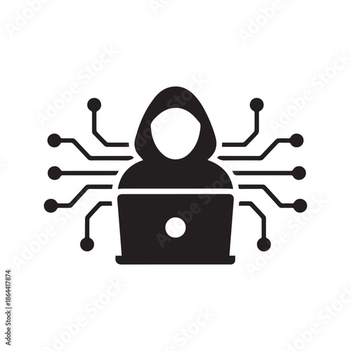Hacker Icon Vector. Cyber criminal with laptop symbol. Computer security breach sign with circuit network lines. Hooded user silhouette illustration.
