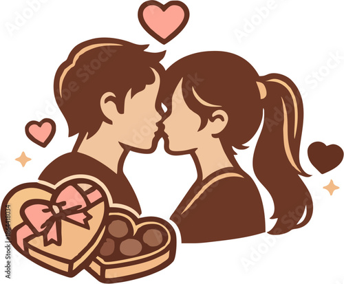 Romantic couple kissing with chocolate heart box and hearts illustration, Valentine's Day concept.