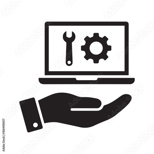 IT Technical Support Icon Vector. Computer repair service symbol. Hand holding laptop with wrench and gear. System maintenance sign.
