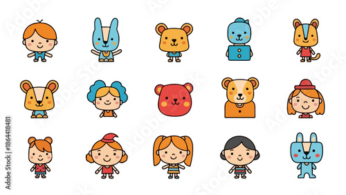 Cute Cartoon Avatars Collection Children and Anthropomorphic Animal Characters Set
