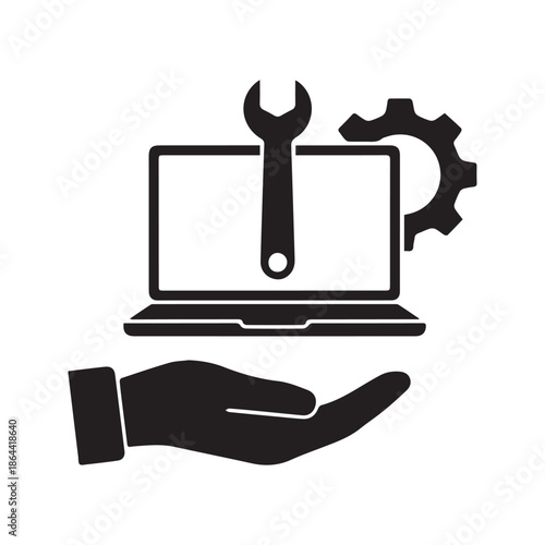 IT Technical Support Icon Vector. Computer repair service symbol. Hand holding laptop with wrench and gear. System maintenance sign.
