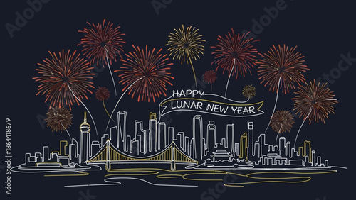 Lunar New Year Fireworks over City Skyline