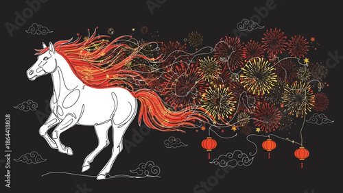 white horse with red mane and fireworks