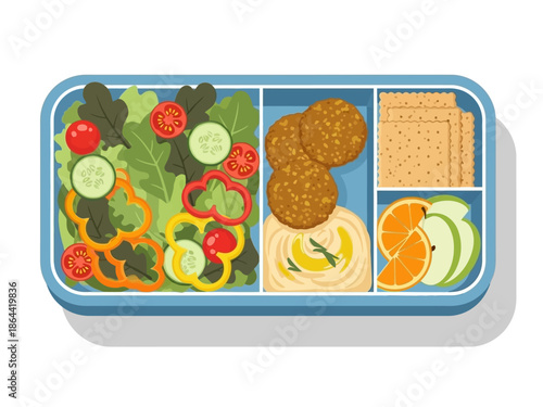 Healthy Lunchbox Fresh Salad, Falafel, Hummus, and Fruits for a Balanced Meal