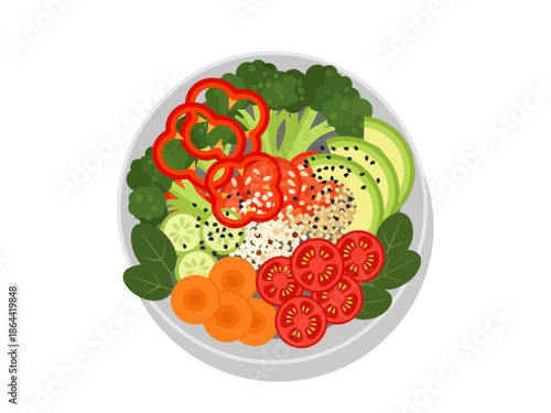 Healthy Vegan Bowl with Quinoa, Vegetables, and Avocado on White Background