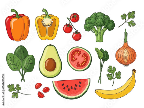 A colorful collection of vibrant and healthy fruits and vegetables in a flat lay style