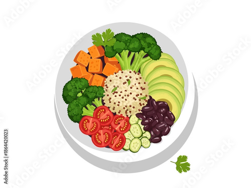 Colorful Bowl of Healthy Food Vector Illustration with Avocado, Broccoli, Beans and More