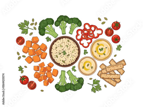 Colorful Vegetable Platter with Hummus and Rice