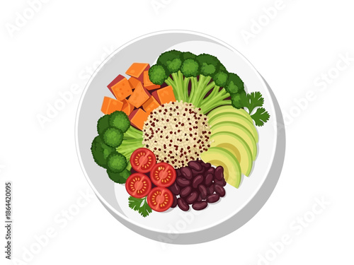 Colorful and Nutritious Vegetarian Bowl with Quinoa, Broccoli, Avocado, Sweet Potato, Tomatoes, and Kidney Beans