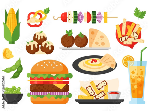 Colorful Vegetarian Meal Flat Lay Illustration