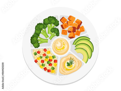 Healthy Food Plate with Broccoli, Sweet Potato, Avocado, Quinoa, and Hummus