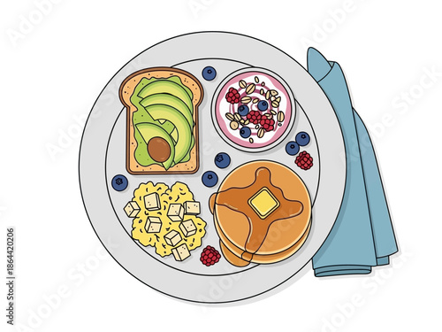Healthy Breakfast Plate Avocado Toast, Scramble, Pancakes, and Yogurt Bowl Illustration