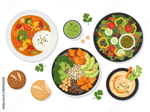 Delicious and Colorful Vegan Food Spread with Fresh Vegetables and Plant-Based Dishes