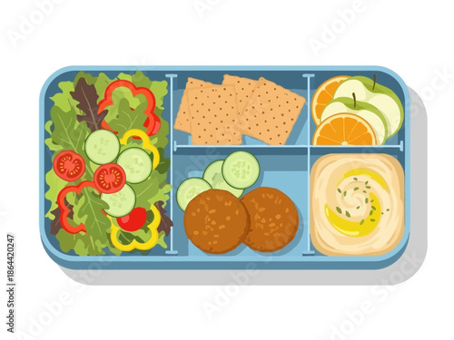 Healthy Lunch Box with Salad, Crackers, Falafel, and Hummus for a Balanced Meal