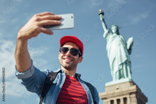 man taking a selfie with the statue of liberty in the background