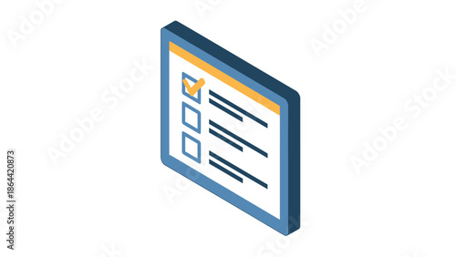 Isometric checklist with completed item, task management concept