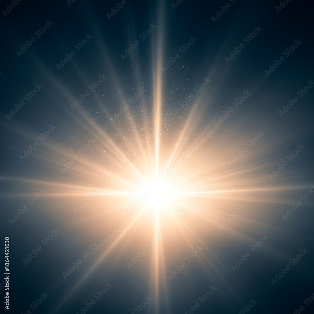 Fototapeta premium Bright starburst effect with radiating light beams against a dark, smoky background, representing energy and illumination