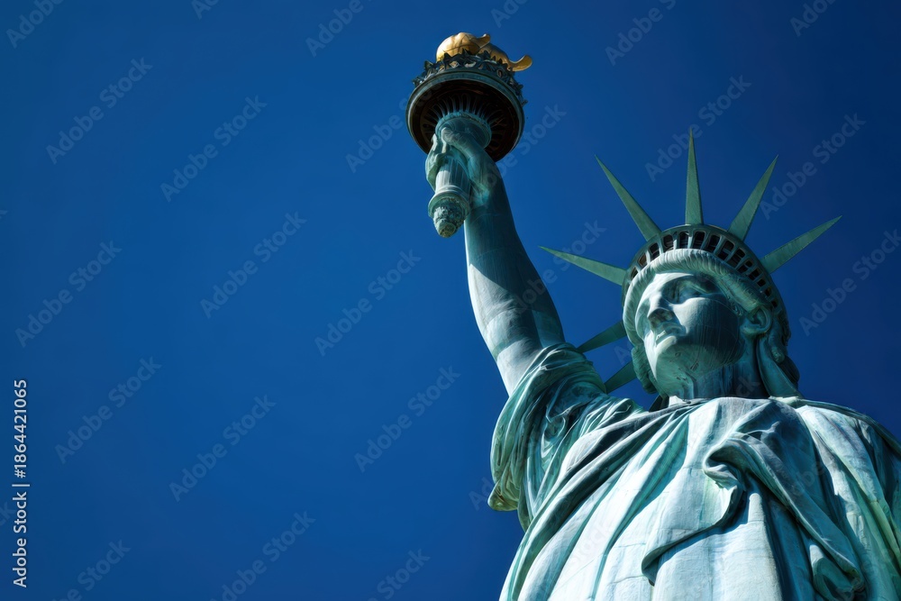 Fototapeta premium close-up of the statue of liberty holding a torch, with a blue sky background