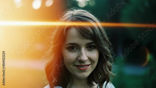Sunset backlight illuminating young woman?s face in outdoor setting