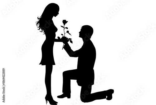 Man kneeling to offer rose to woman isolated on white background, Vector, illustration