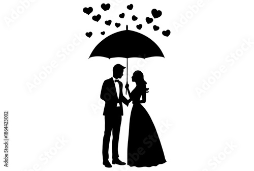 Couple sharing an umbrella with hearts isolated on white background, Vector, illustration