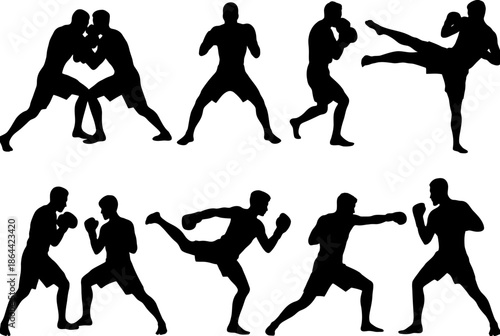 Silhouettes of martial artists in action isolated on white background, Vector, illustration