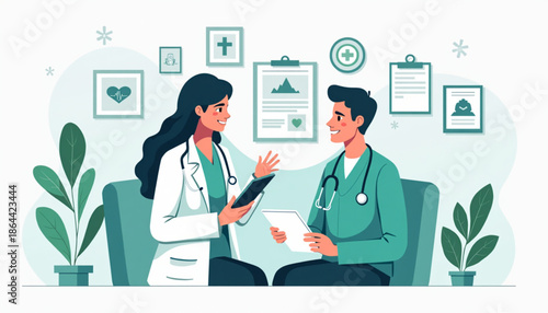 Doctor Patient Healthcare Vector Illustration for Medical Consultation and Care