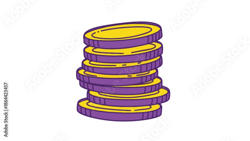 Flat vector of a neat pile of stylized coins in purple with golden edges and ridged details. Ideal for savings, wealth, cryptocurrency or financial growth concept designs.