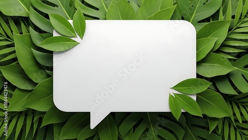 White speech bubble surrounded by tropical green leaves on transparent background