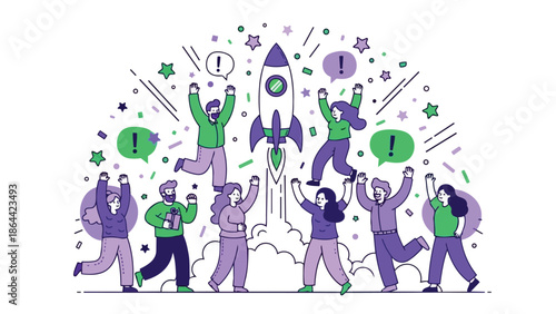 Flat vector of diverse people cheering around a rising rocket, surrounded by stars and green exclamation bubbles. Ideal for startup success, project launch or team achievement designs.