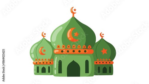 Flat vector of a traditional Islamic mosque featuring green domes, orange trim, and crescent moon symbols. Ideal for Ramadan, Eid, cultural events or religious education designs.