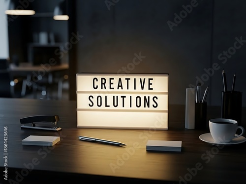 Creative office desk with lightbox sign and coffee cup on a wooden table indoors