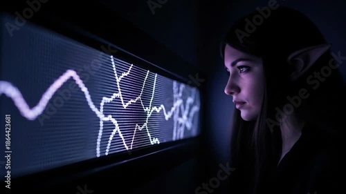 Vantage shot of a woman observing digital data in a dark room