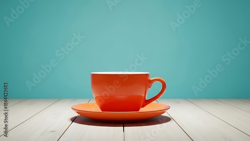 Orange coffee cup and saucer on a wooden table against a blue background