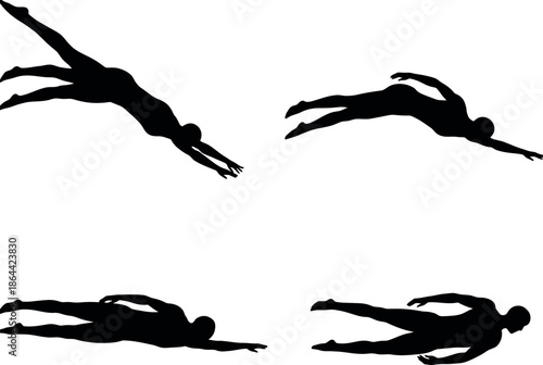 Silhouettes of divers in various positions isolated on white background, Vector, illustration