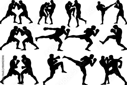 Silhouettes of martial artists in action isolated on white background, Vector, illustration